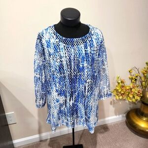 Ali Miles Tunic Top Shirt Size OX Stretch 3/4 Sleeve Tie Dye Mesh Overlay Blouse